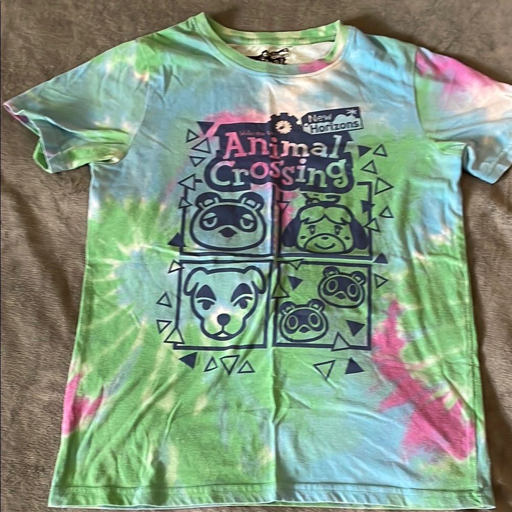 Animal Crossing Vibrant Blue and Green Short Sleeve Tee with Animal Graphics